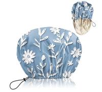 BHAHB Luxury Shower Cap Reusable Waterproof Double Layer Elastic Adjustable Satin Lined Hair Bath Cap Cute Aesthetic Women Girls (W13 -White Flower)