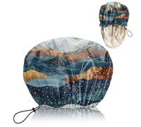 BHAHB Luxury Shower Cap Reusable Waterproof Double Layer Elastic Adjustable Satin Lined Hair Bath Cap Cute Aesthetic Women Girls (W14-Mountain)