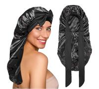 BHAHB Silk Long Satin Hair Bonnet for Sleeping Adjustable Double Layer Elastic Reusable Long Hair Caps Cute Women Girls (L21-Black Butterfly)