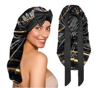 BHAHB Silk Long Satin Hair Bonnet for Sleeping Adjustable Double Layer Elastic Reusable Long Hair Caps Cute Women Girls (L12-Black Marble)
