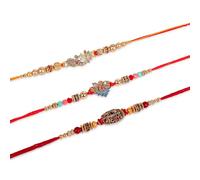 Bhaiya Bhabhi Rakhi Set of 3 | Roli Chawal and Greeting Card Gift Set in an Envelope | Raksha Bandhan and Bhai Dooj Bracelets for Bhai, Bhatiji, Brother, Sister & Sibling