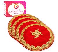 Bhakti Lehar (13 Inches) Round Velvet Pooja Aasan Mat for God Idol/Prasad Thali Cover/Thalposh with Swastik Embroidery Design for Home Mandir, Temple Shelf and Pooja Rituals (Pack of 4)