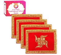 Bhakti Lehar (4 x 6 Inch) Small Size Embroidered Swastik Design Red Velvet Pooja Aasan for God Idol, Home Mandir, Temple Shelf, Ganesh Baithak and God Idol Sitting - Pack of 4
