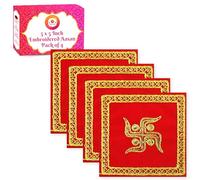 Bhakti Lehar (5 x 5 Inch) Small Size Embroidered Swastik Design Red Velvet Pooja Aasan for God Idol, Home Mandir, Temple Shelf, Ganesh Baithak and God Idol Sitting - Pack of 4