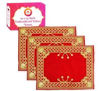 BHAKTI LEHAR - Premium Range Of Pooja Accessories (10 x 14 Inch) Fancy Embroidery Jari Design Red Velvet Aasan Cloth for God Mandir, Idols Sitting, Home Mandir, Temple and Ghar Pack 3
