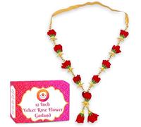 BHAKTI LEHAR - Premium Range Of Pooja Accessories (12 Inch) Artificial Velvet Red Rose Flower Garland for Photo Frame |Handmade Gulab Pearl Moti Mala for God Idol Photo, Bhgawan Murti and Loved Ones