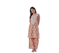 BHARVITA Women's Cotton Blend Lucknowi Embroidered Chikankari Straight Kurta with palazzo pants Set, Peach, L