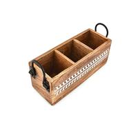 BHAVATU Flatware Organizers Mango Wood 3-Compartment Utensil Holder for Silverware, Tongs, Sauce Spoons, and More with Iron Handles (11" x 4" x 4.5")