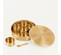 bhavika Creation Brass Masala Dabba Spice Box Set, 7 Containers with Spoon, Gold