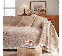 BHCCY Vintage Jacquard Sofa Cover with Bird Pattern - Fringed Sectional/L-Shaped Slipcover, Washable Pet-Friendly Protector for Couches, Loveseats & Futons(Orange Floral,71x118 Inch)