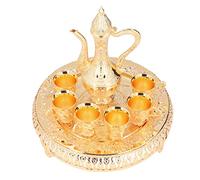 BHDK Metal Wine Glass Jug Set,Vintage European Russian Style Art Crafts Wedding Gift Wine Pot Kit with 6 Luxury Coffee Cups & Craft Tea Tray for Serving Tea Coffee Cappuccino,Ottoman Trim Weddin Gift