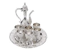BHDK Vintage Exquisite Metal Metal Wine Glass Jug Set,Retro Turkish European Style Art Crafts Teapot Wine Pot Kit with 6 Luxury Coffee Cups & Craft Tea Tray for Serving Tea Coffee Cappuccino