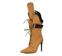 BHGLUZGBY Camel Suede Women's Punk Style Pointed Toe High Heel Boots Lace-Up Mid-Calf Boots with Black Accents Fashion Edgy Dress Boots-36