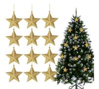 BHGT 12pcs Christmas Tree Decorations Gold Star Christmas Decorations Small Glitter Christmas Star Decorations Hanging Stars for New Year Party Supplies (Gold)