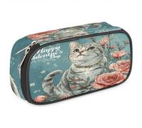 BHHJKK Happy Valentine's Day Leather Pencil Case Pen Holder Large Capacity Black Stationery Organizer Pencil Bag with Zipper for Boys Girls Cat Kids Pencil Pouch Storage Box for School College Office