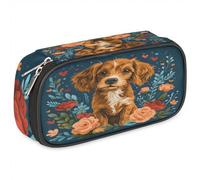 BHHJKK Happy Valentine's Day Leather Pencil Case Pen Holder Large Capacity Black Stationery Organizer Pencil Bag with Zipper for Boys Girls Dog Kids Pencil Pouch Storage Box for School College Office