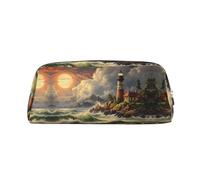 BHHJKK Leather Zipper Pencil Case High Capacity Pencil Bag Coast Wave and Lighthouse Printed Pencil Case Organizer Office Storage