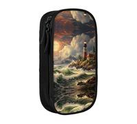 BHHJKK Pencil Case Coast Wave and Lighthouse Printed Double Layer Pencil Bag High Capacity Pencil Case Pouch Organizer Office Storage