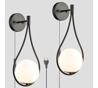 BHIAG Modern Wall Sconce with Switch Cord Industrial Wall Lamp Indoor White Glass Globe Wall Light Fixtures Teardrop Wall Lights Fitting Bedroom Living Room Bathroom Aluminium (Black,2pcs)