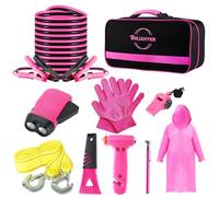 BHLUUIYER Car Emergency Kit, Pink Roadside Emergency Car Kit with Jumper Cables, Tow Rope, Safety Hammer, Pink Car Accessories for Women