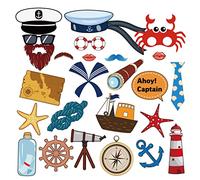 BHNACIER 25Pcs Nautical Photo Booth Props with Stick - Ahoy Sailor Selfie Props - Nautical Theme Party Decor