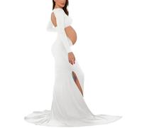Bhome Maternity Dress for Photoshoot Cut-Out Backless Side Split Maternity Maxi Gown for Photoshoot, White, L