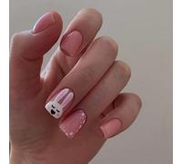 BHOOKA 24 Pieces Square Short Fake Nails with Rabbit and Flower Garland Pink Shiny for Easter Acrylic Full Cover