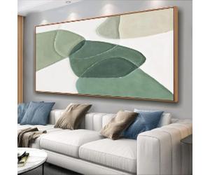BHTMOI Large Boho Canvas Wall Art Geometric Green and White Color Block Line Art Painting Modern Artwork Minimalism Picture 30x60cm(12x24in) with-black-frame