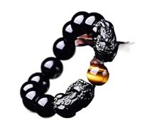 BHYTAF Black Obsidian Wealth Bracelet， Double Piyao Round Beads Bracelet Natural Black Obsidian Tiger's Eye Adjustable Ward Off Evil Spirits for Women Men