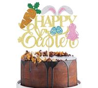 BIABISD Happy Easter Cake Topper, Gold Glitter Easter Rabbit Carrot Cake Decorations, Bunny Decorations for Themed Baby Shower, Kids Birthday Party Supplies, Easter Bunny Ear Cake Topper (Gold)