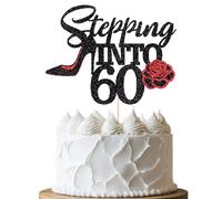 BIABISD Stepping Into 60 Cake Topper,Still Fabulous at 60 Cake Decor,Funny Happy 60th Birthday Party Supplies,Highheel Rose Sign Cheers to 60 Years Black Red Glitter Cake Decorations