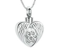 BIAIHQIE Pet Paw Print Heart Urn Necklace for Ashes for Dog Cat Stainless Steel Angel Wing Heart Urn Locket Pendant-Silver