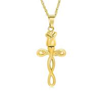 BIAIHQIE Rose Flower Cross Urn Necklace Cremation Jewelry for Ashes Stainless Steel Memorial Ash Holder Pendant Keepsake Gift for Women-Gold