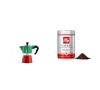Bialetti Moka Express Italia Collection (Tricolor), 3 cup coffee maker, Aluminum, Green/Red & illy Coffee, Classico Ground Coffee for Moka Pots, Medium Roast, 100% Arabica Coffee Beans, 250g