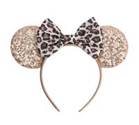 bianbaistar Champagne Sequin Mouse Ears Headband, Leopard Print Satin Bow for Theme Parks & Glam Nights