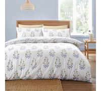 Bianca Eloise Floral 230 Thread Count Cotton Satin Stripe Reversible King Duvet Cover Set with Pillowcases White Blue