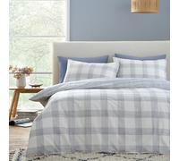 Bianca Marlow Check 200 Thread Count Cotton Percale Reversible Super King Duvet Cover Set with Pillowcases Blue