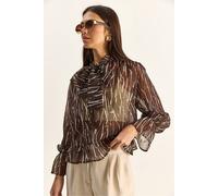 Bianco Lucci Women's Abstract Print Choker Collar Chiffon Blouse with Tie Detail in Dark Brown | Size: Small Bianco Lucci Dark Brown S
