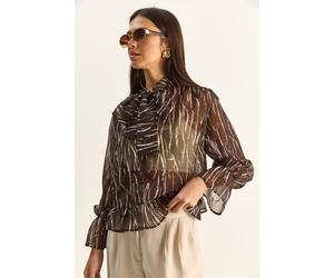 Bianco Lucci Womens Abstract Print Choker Collar Chiffon Blouse with Tie Detail - Mocha - Size Large