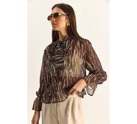Bianco Lucci Womens Abstract Print Choker Collar Chiffon Blouse with Tie Detail - Mocha - Size Medium
