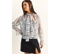 Bianco Lucci Womens Abstract Print Choker Collar Chiffon Blouse with Tie Detail - White - Size Medium