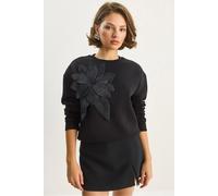Bianco Lucci Womens Accessory Detailed Long Sleeve Crew Neck Sweatshirt - Black - Size Small