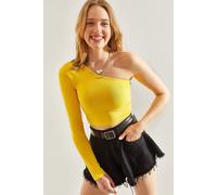 Bianco Lucci Womens Asymmetrical Collar Crop Blouse - Yellow - Size X-Large