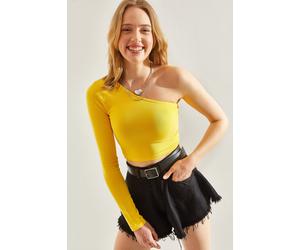 Bianco Lucci Womens Asymmetrical Collar Crop Blouse - Yellow - Size X-Large