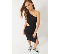Bianco Lucci Women's Asymmetrical Collar Fitted Midi Dress with Slit in Black | Size: Medium Bianco Lucci Black M