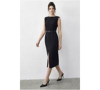 Bianco Lucci Womens Belted Midi Pencil Dress with Boat Neck - Black