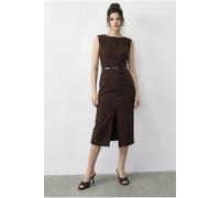 Bianco Lucci Women's Belted Midi Pencil Dress with Boat Neck in Dark Brown | Size: Small Bianco Lucci Dark Brown S
