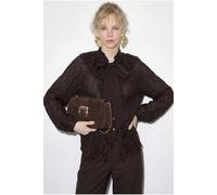 Bianco Lucci Women's Button-Up Crepe Blouse with Bow Detail in Dark Brown Bianco Lucci Dark Brown One Size