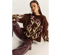 Bianco Lucci Womens Crew Neck Flowering Sweater - Mocha - One Size