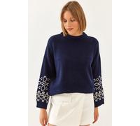 Bianco Lucci Womens Crew Neck Jacquard Knit Sweater with Embroidery - Multicolour - Size Small/Medium